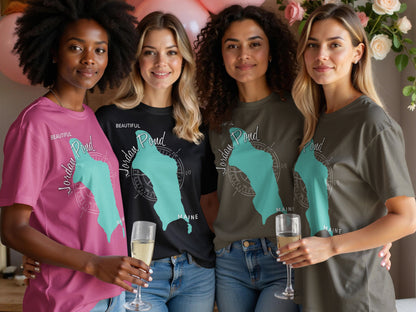 Four women in t-shirts with a Maine map graphic and "Jordan Pond" text.