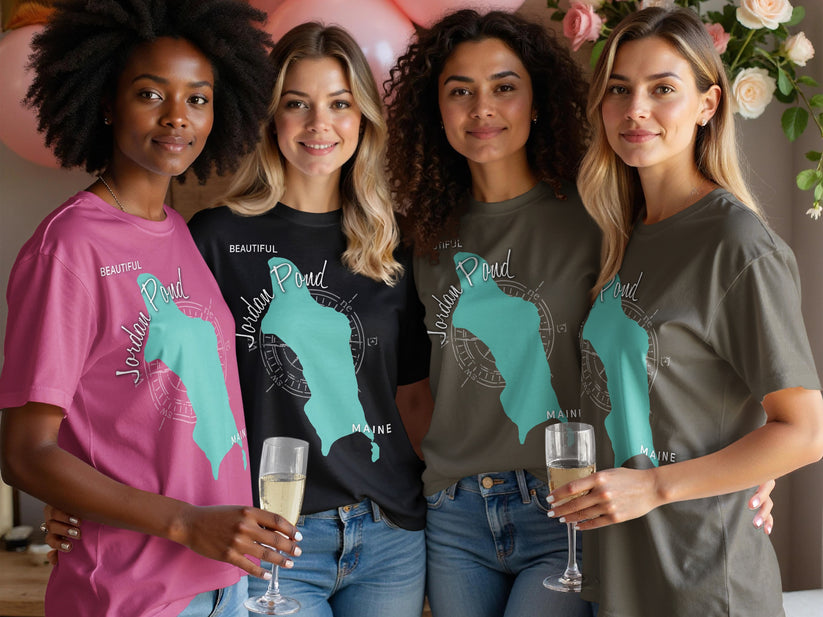 Four women in t-shirts with a Maine map graphic and "Jordan Pond" text.