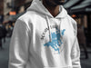 White hoodie with Squam Lake and compass design.