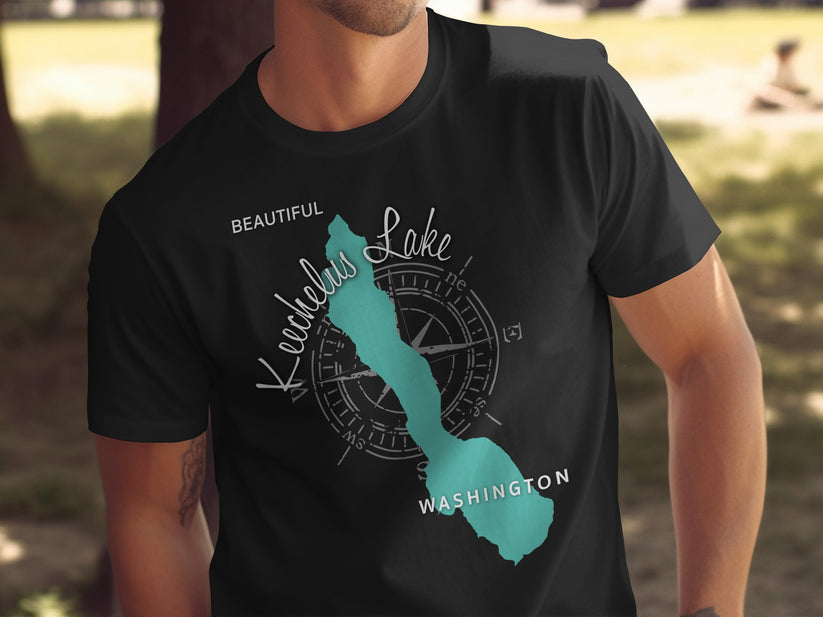 Keechelus Lake, Washington map graphic with compass on black t-shirt.