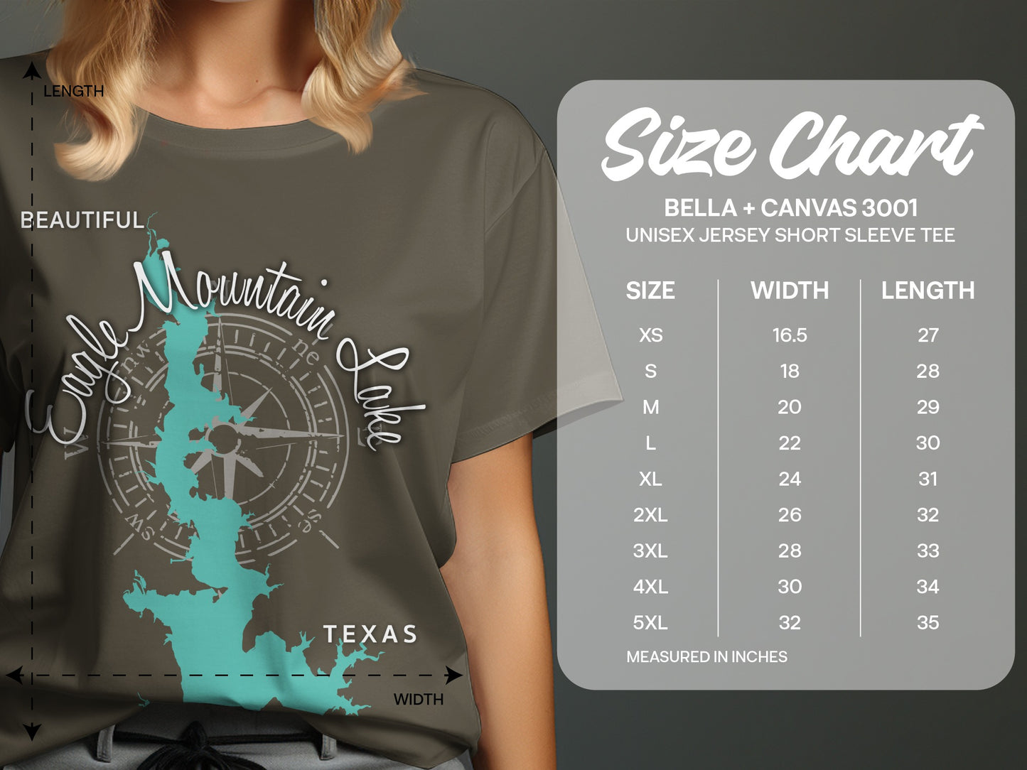 T-shirt size chart for Bella + Canvas 3001 unisex tee.