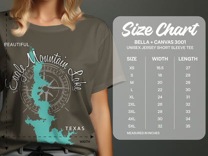 T-shirt size chart for Bella + Canvas 3001 unisex tee.
