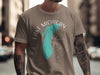 T-shirt with Lake Michigan shape and compass rose graphic.