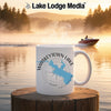 White mug with "Whiskeytown Lake California" and map design, steam rising, lake and boat in background.