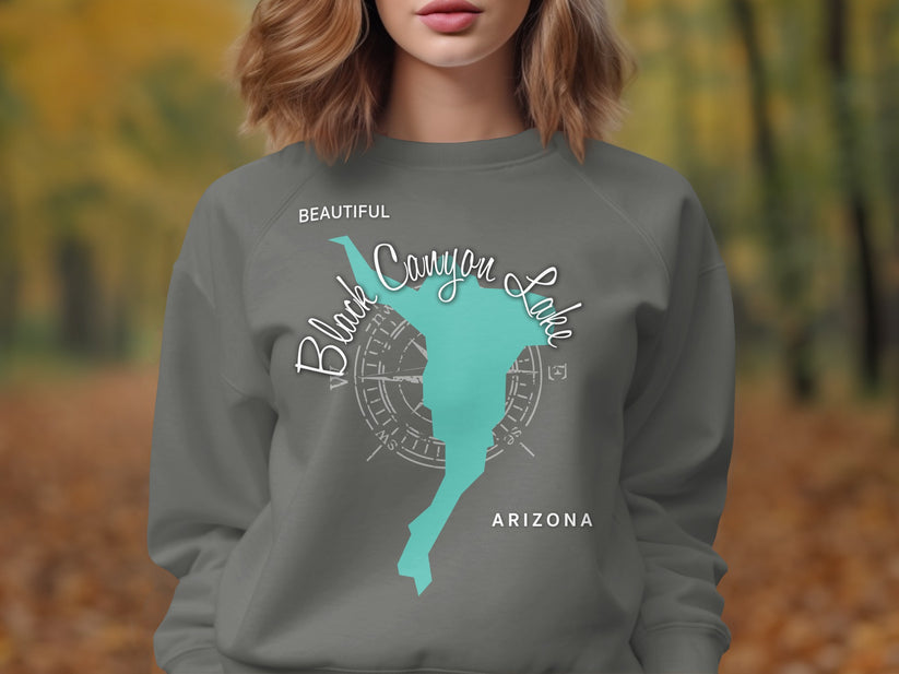 Gray sweatshirt with "Beautiful Black Canyon Lake Arizona" text and a compass rose.