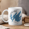 White mug with Leech Lake Minnesota map and compass graphic.