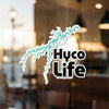Hyco Life sticker with lake outline and text on a window.