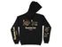 Black hoodie with Calaveras Lake Texas graphic and nautical icons on sleeves.