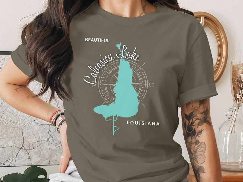 Calaisian Lake, Louisiana map graphic on a dark green t-shirt.