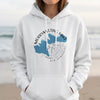 White hoodie with Merrymeeting Lake New Hampshire map and compass graphic.