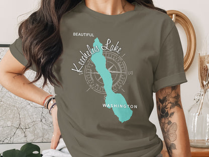 T-shirt with map of Kechelus Lake, Washington and compass rose.
