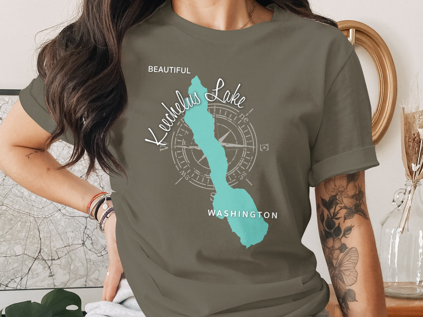 T-shirt with map of Kechelus Lake, Washington and compass rose.