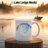 Mug with "Lake Charleston Ontario" and compass design on a lake background.