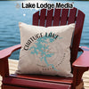Decorative pillow with Chatuge Lake map and compass design on Adirondack chair.