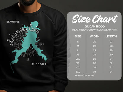 Sweatshirt with "Lakewood Lakes Missouri" map graphic and size chart.