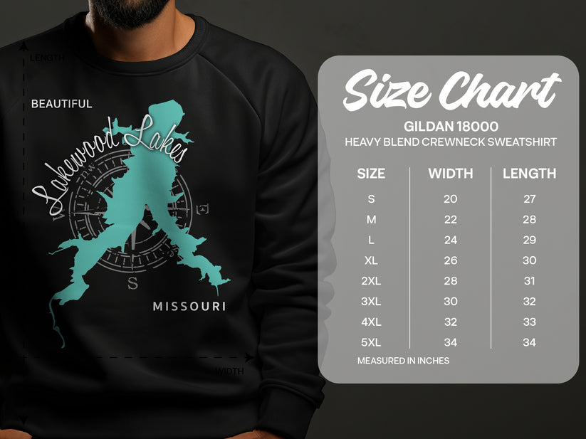 Sweatshirt with "Lakewood Lakes Missouri" map graphic and size chart.