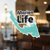Marion Life sticker featuring a teal map outline and black text.