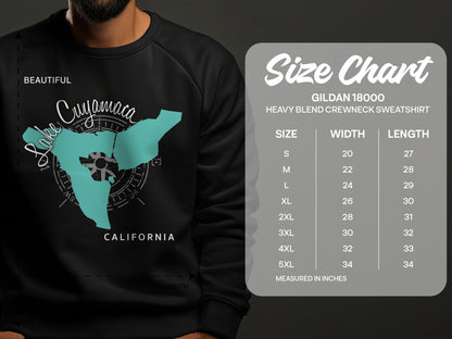 Lake Cuyamaca California graphic on sweatshirt with Gildan 18000 size chart.