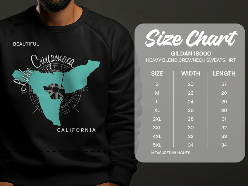 Lake Cuyamaca California graphic on sweatshirt with Gildan 18000 size chart.