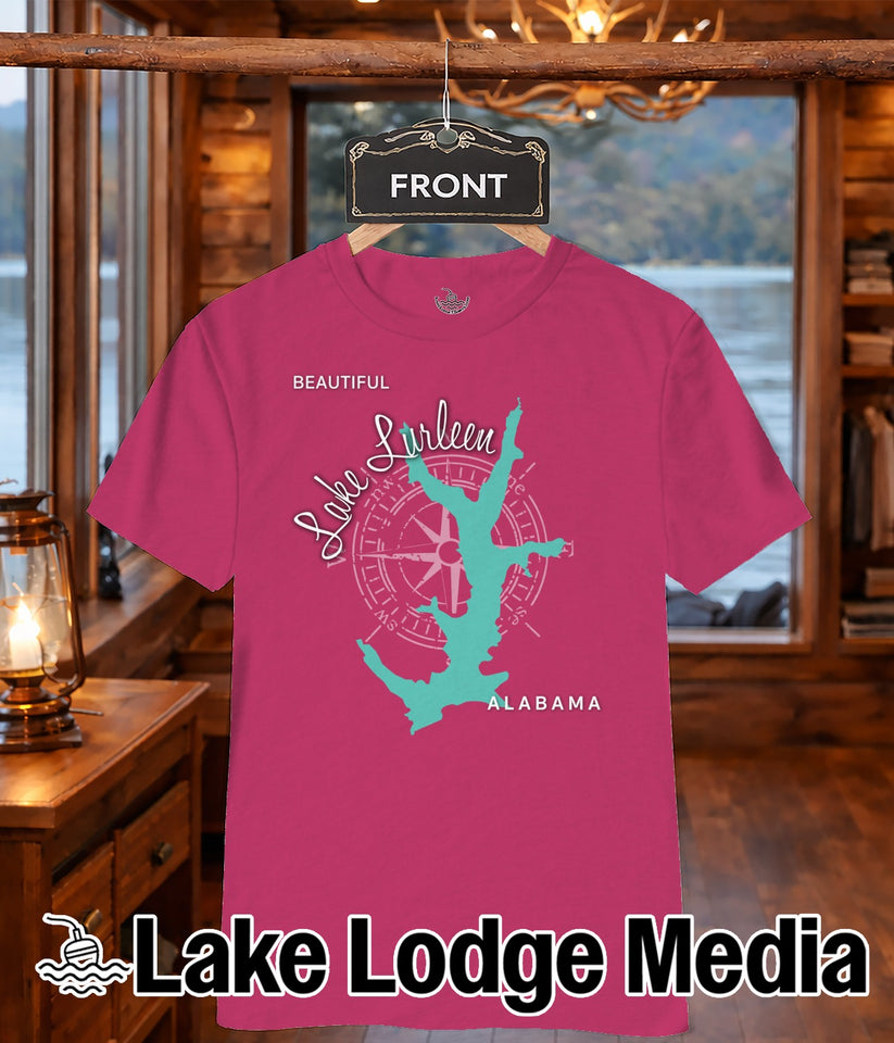 Pink t-shirt with a turquoise lake map graphic and "Lake Lurleen ALABAMA" text.