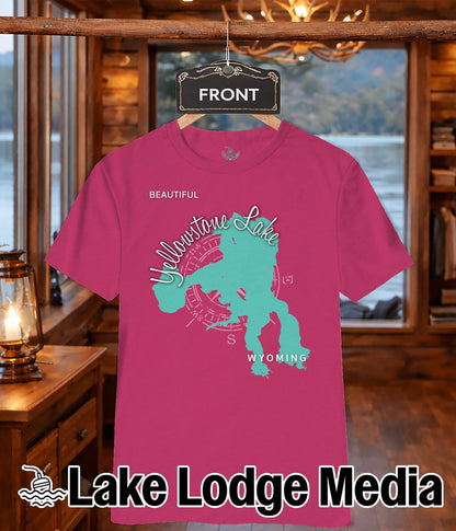 Pink t-shirt with turquoise Yellowstone Lake graphic and compass rose.