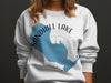 White sweatshirt with a blue Sandhill Lake outline and compass graphic.