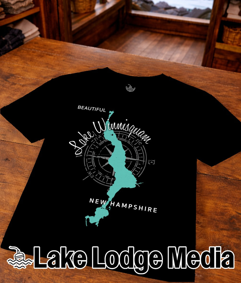 Black t-shirt with "Beautiful Lake Winnisquam New Hampshire" map design.