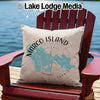 Pillow with Marco Island map design and compass rose on Adirondack chair.