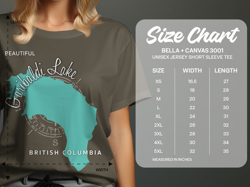 Garibaldi Lake British Columbia map on a Bella + Canvas 3001 t-shirt size chart.