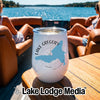 White stemless wine tumbler featuring a blue lake map and compass graphic, resting on a boat table.