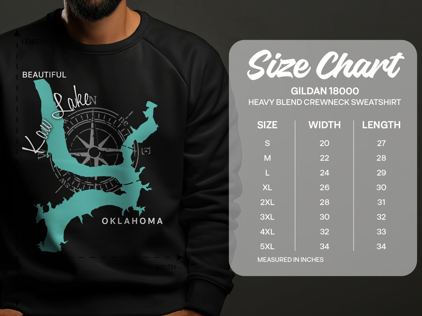 Kaw Lake, Oklahoma map and Gildan 18000 sweatshirt size chart.