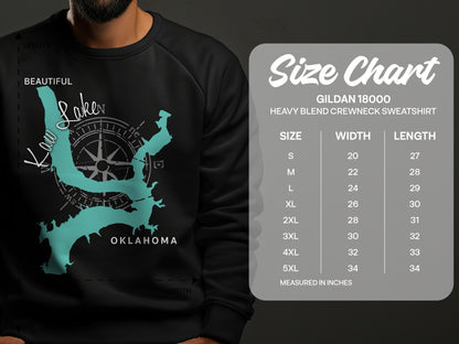 Kaw Lake, Oklahoma map and Gildan 18000 sweatshirt size chart.