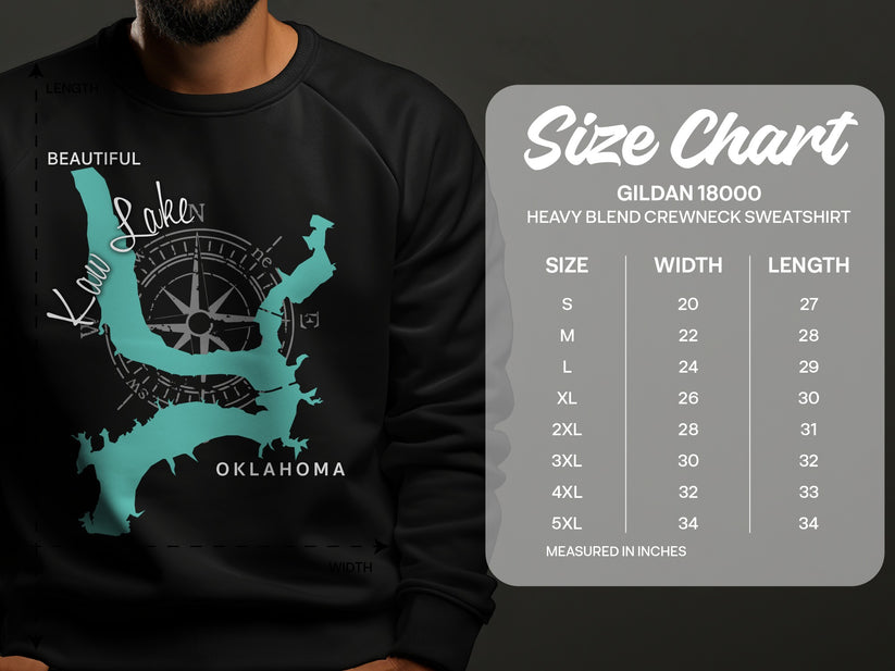Kaw Lake, Oklahoma map and Gildan 18000 sweatshirt size chart.