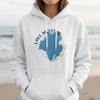 White hoodie with Lake Moultrie South Carolina map graphic and compass rose graphic.