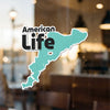 "American Life" text on a teal background shaped like a map.