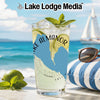 Glass with Lake Almanor map and "Lake Lodge Media" logo by the ocean.