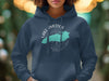 Navy blue hoodie with "Lake America" and teal US map graphic and compass.