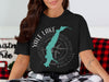 Black t-shirt with Yale Lake Washington map and compass design.