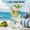 Glass of lemonade with Lake Lahontan map and Lake Lodge Media logo.
