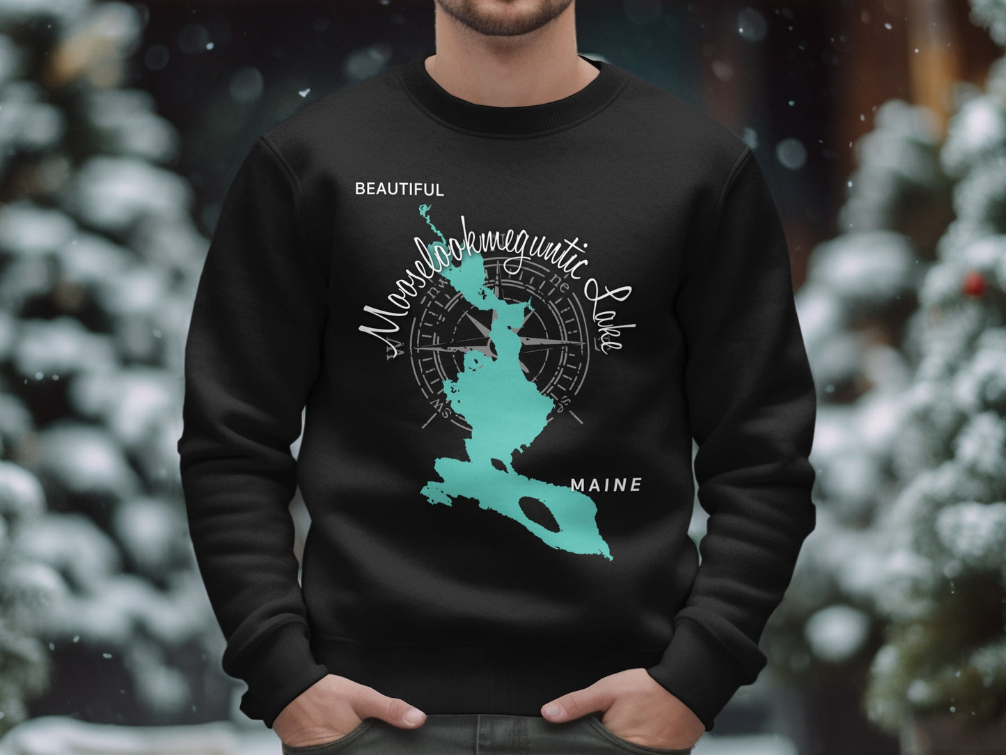 Black sweatshirt with Moosehead Lake, Maine map graphic.