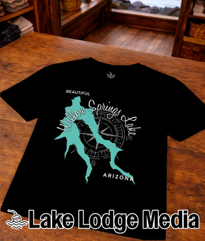 Black t-shirt with map and compass design for Willow Springs Lake, Arizona.