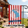 Red and white striped garden flag with Lake Lawtonka map, "The Smith Family," and Lake Lodge Media text.