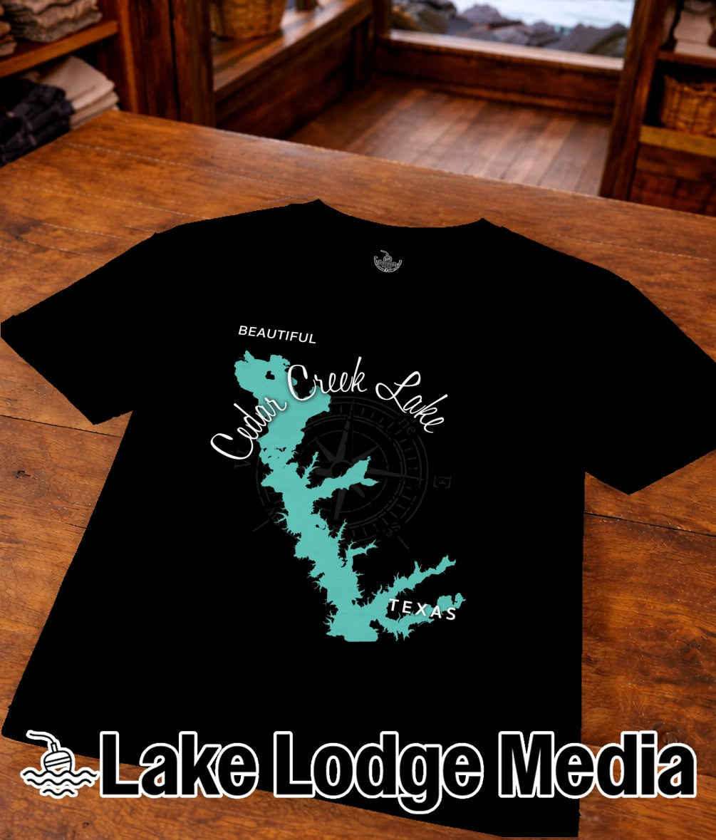 Black t-shirt featuring a teal map of Cedar Creek Lake, Texas.