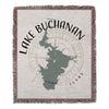 Woven blanket with Lake Buchanan map and compass design, "Lake Buchanan Texas" text.