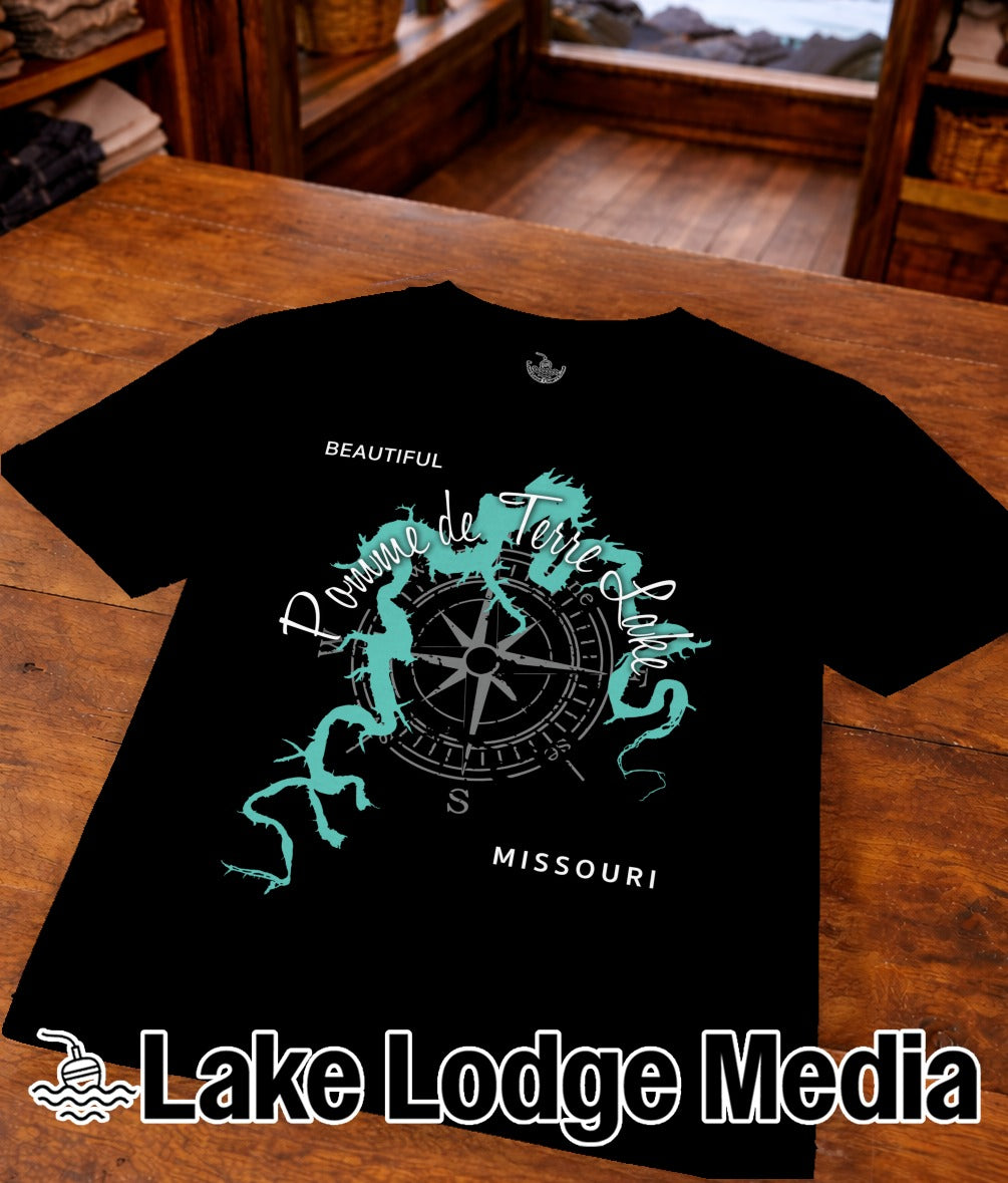 Black t-shirt with compass graphic and "Pomme de Terre Lake Missouri" text.