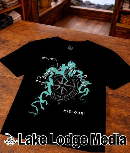 Black t-shirt with compass graphic and "Pomme de Terre Lake Missouri" text.
