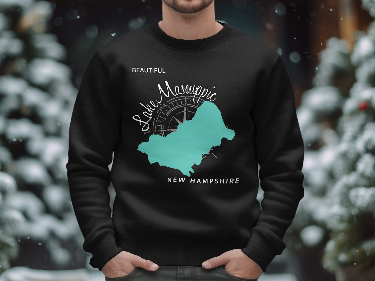 Black sweatshirt with "Beautiful Lake Mascuppic New Hampshire" text and map.