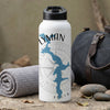 White water bottle with blue Lyman lake map graphic and compass rose.