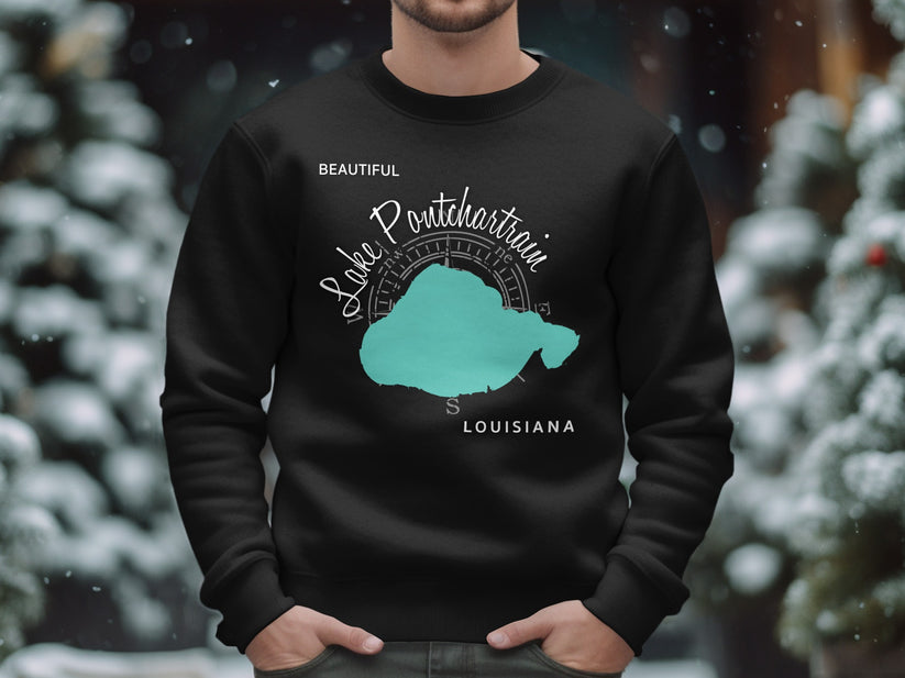 Black sweatshirt with "Lake Pontchartrain Louisiana" map design.