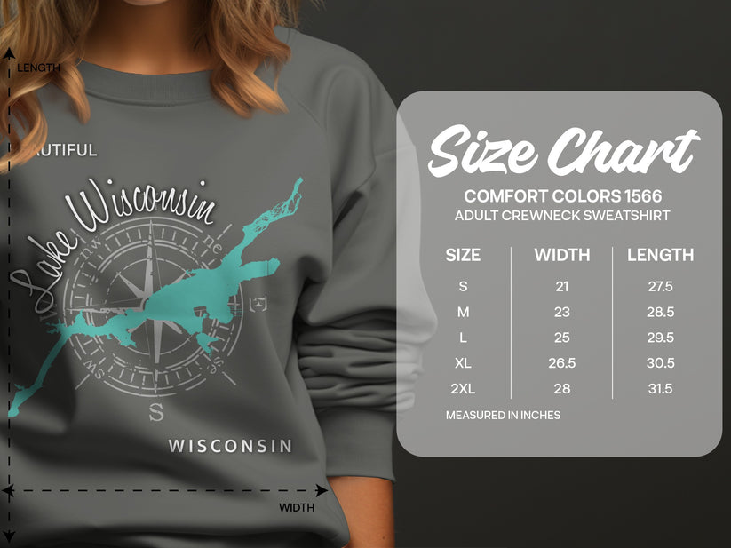 Comfort Colors sweatshirt size chart for adult crewneck sweatshirts.